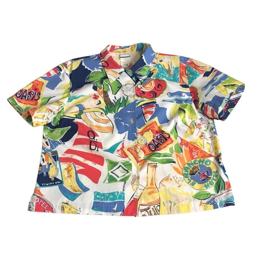 Vintage 80s Jantzen Hawaiian Top Womens M Petite Oasis All Over Print Art Travel